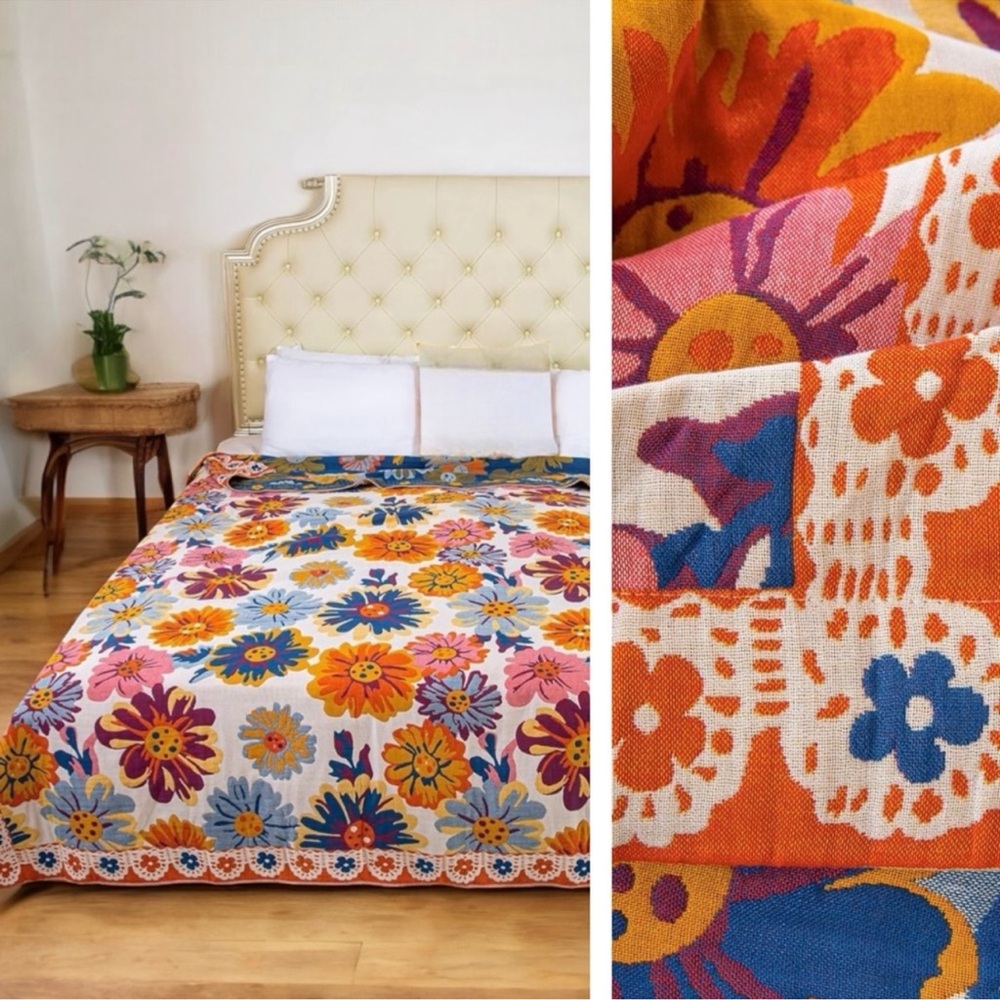 NEW  Boho Floral Reversible Queen Blanket Bedspread Quilt 80" x 92"